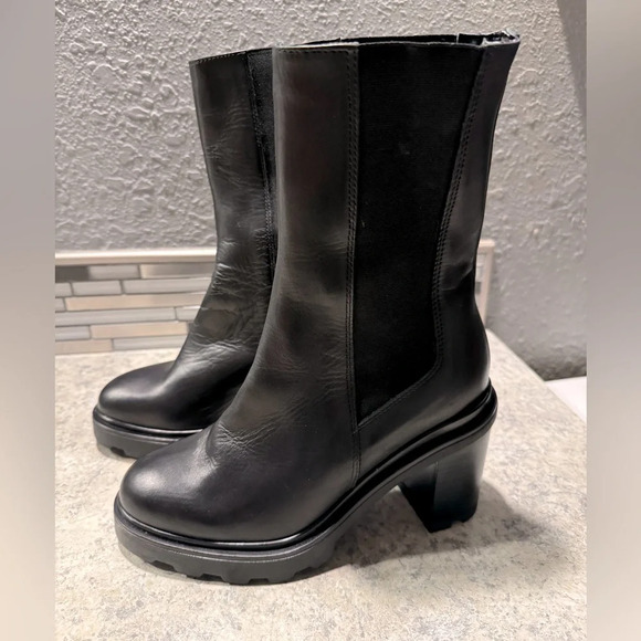 Annabella Black Leather Mid Calf Chunky Y2K Boots Size 7.5/38 - Picture 2 of 7